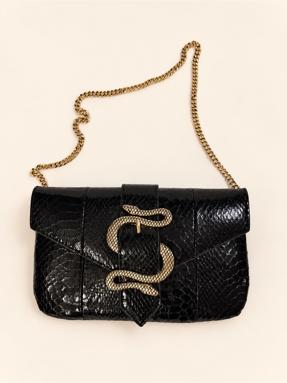 Nine West Black Snake-Accent Patent Crossbody Bag with Gold Chain